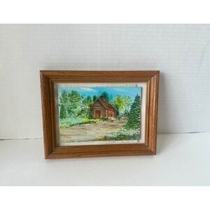 Vintage Clara Signed‎ Barn Oil Painting Reversible Quilt Art Wood Frame 8.5x6.5